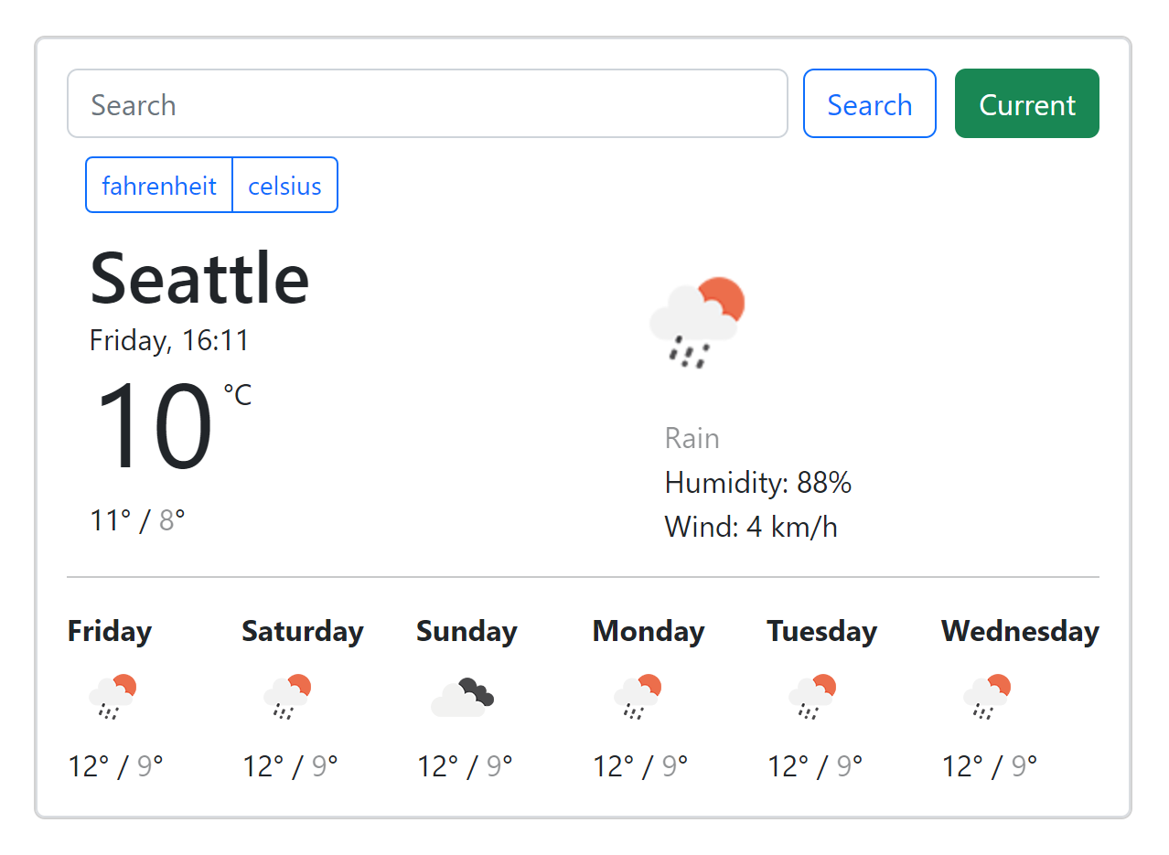 An image of a weather app showing the current weather and forecast for seattle 